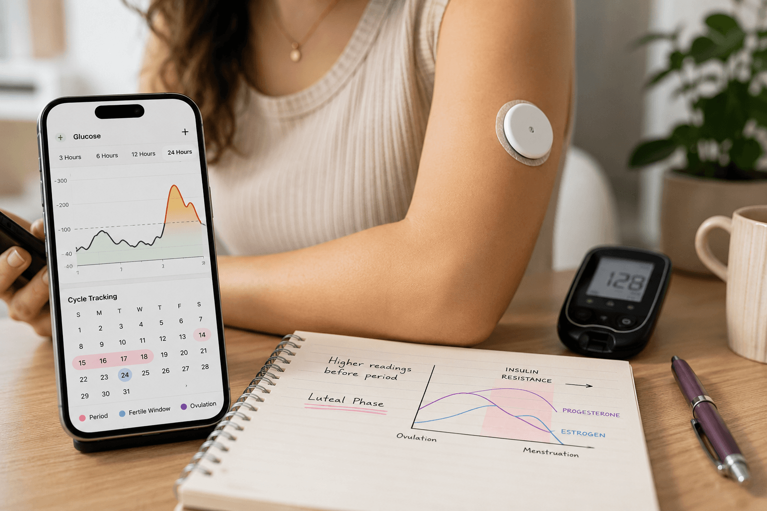 Woman wearing a continuous glucose monitor reviewing glucose trends alongside a menstrual cycle tracker to manage luteal phase insulin resistance.