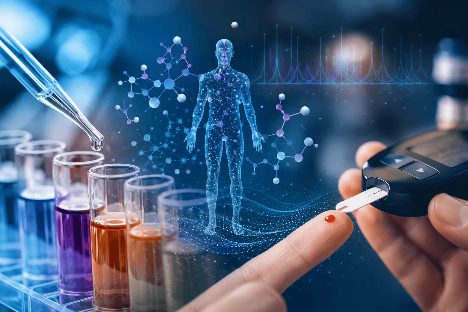 Laboratory scientist analyzing blood metabolites with molecular visualization and glucose monitoring technology to illustrate early diabetes prediction through metabolomics.