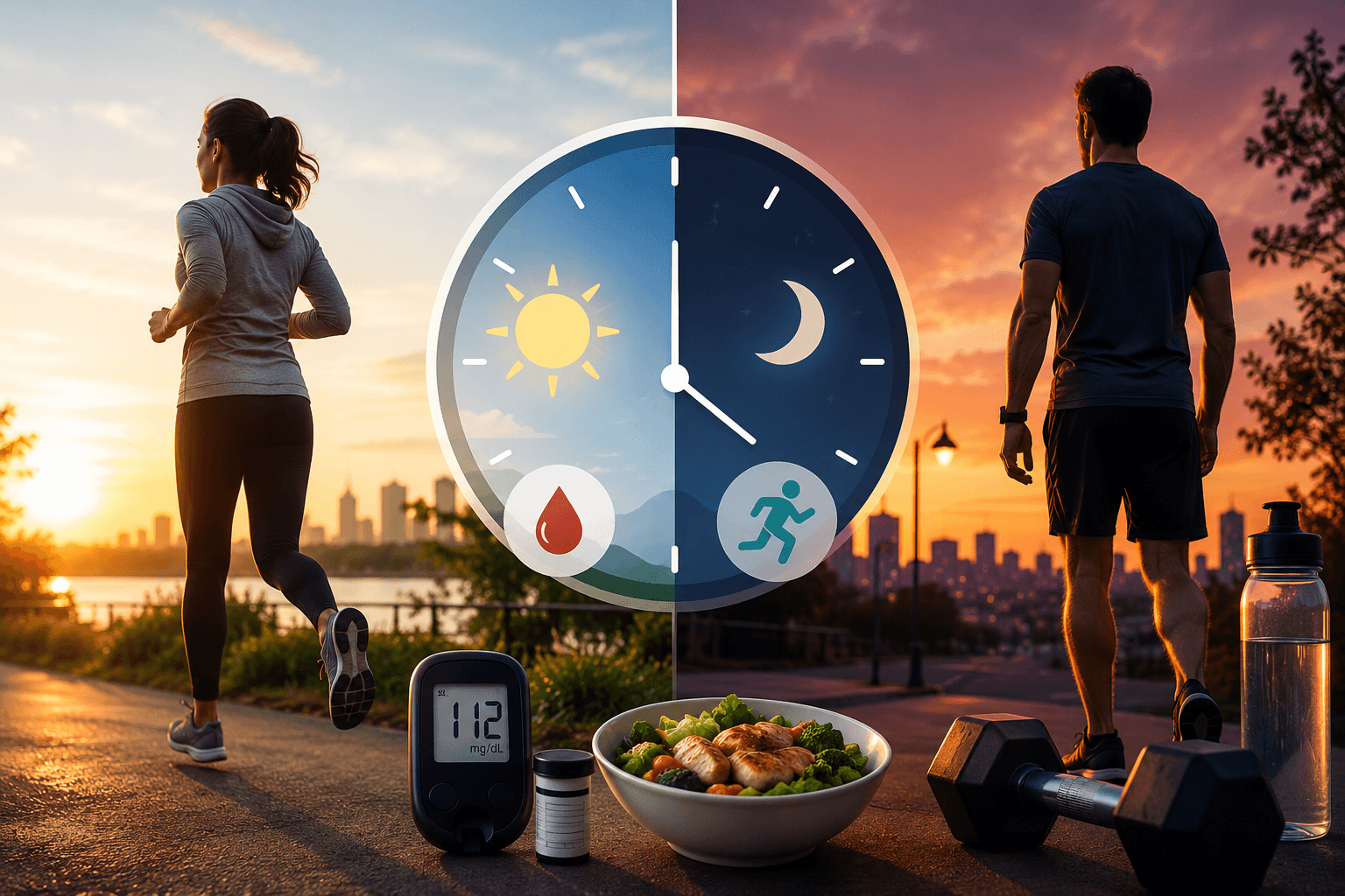 Person exercising at sunrise and another exercising at sunset with a glucose meter and healthy meal, illustrating how exercise timing may affect blood sugar control in people with diabetes.