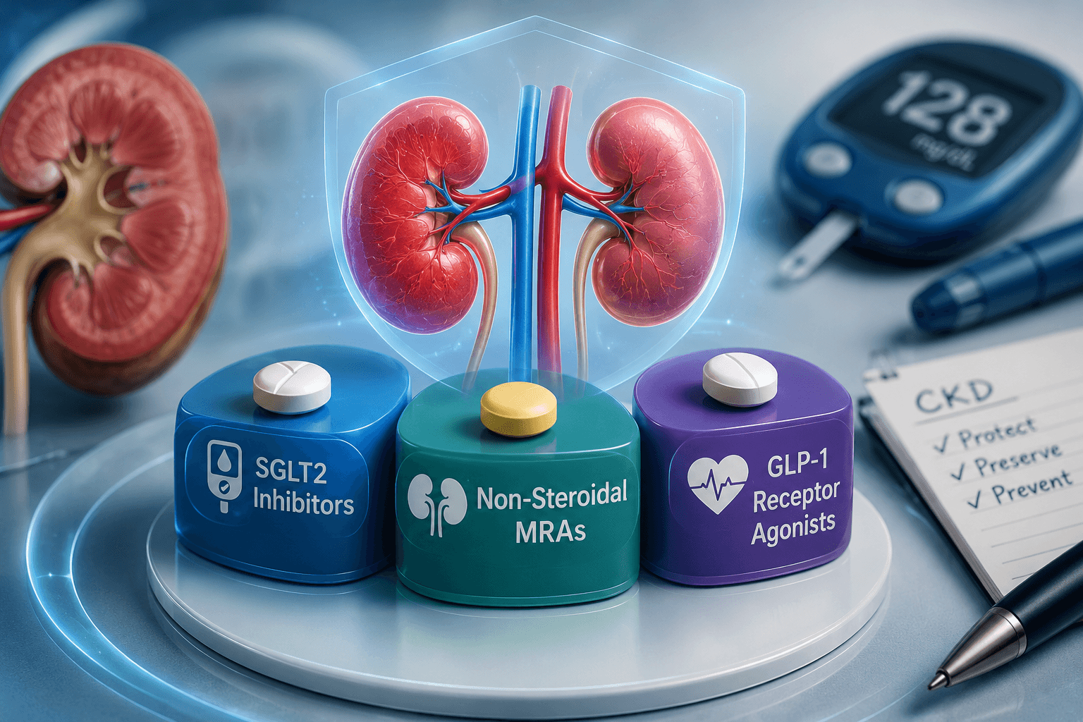 Illustration of healthy kidneys with medication representing non-steroidal mineralocorticoid receptor antagonists alongside SGLT2 inhibitor therapy for diabetic kidney disease management.