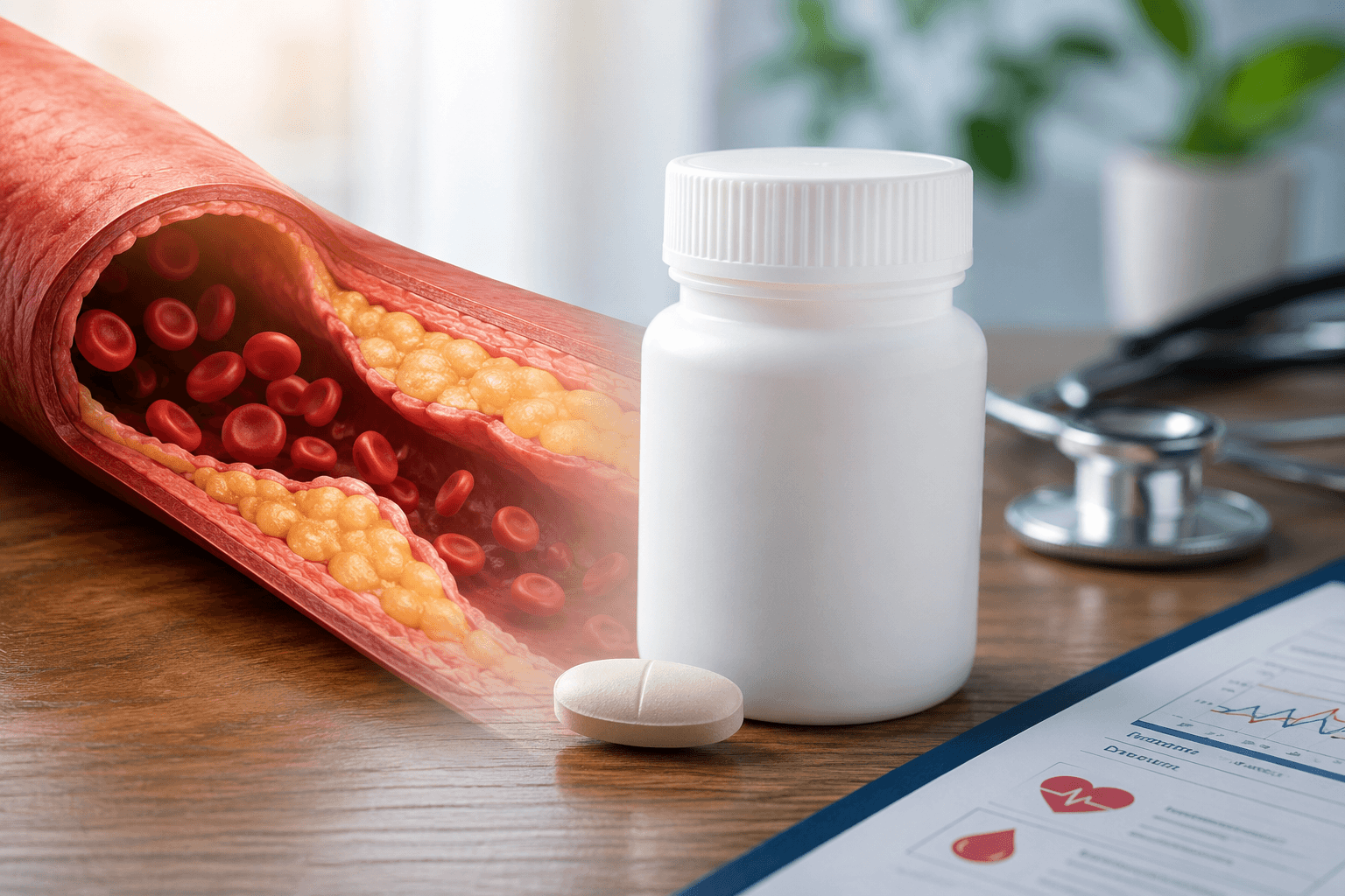 Prescription pill beside a cholesterol-clogged artery illustration representing the first oral PCSK9 inhibitor for lowering LDL cholesterol in people with diabetes.