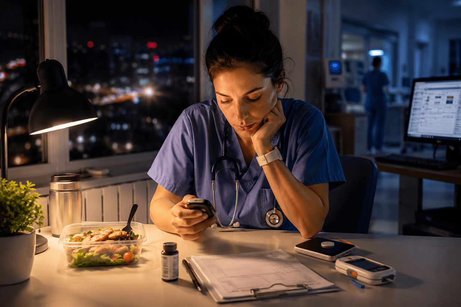Healthcare worker on a night shift reviewing continuous glucose monitor data while managing diabetes during an overnight work schedule.