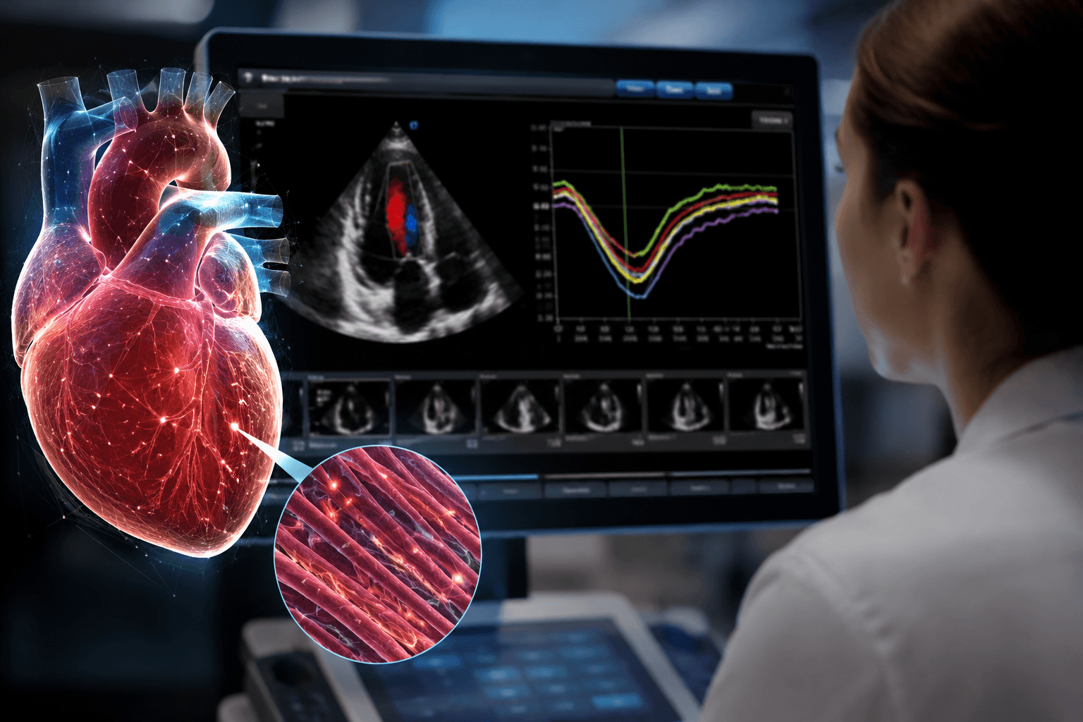 Cardiologist reviewing speckle-tracking echocardiography showing global longitudinal strain analysis for early diabetic cardiomyopathy detection.