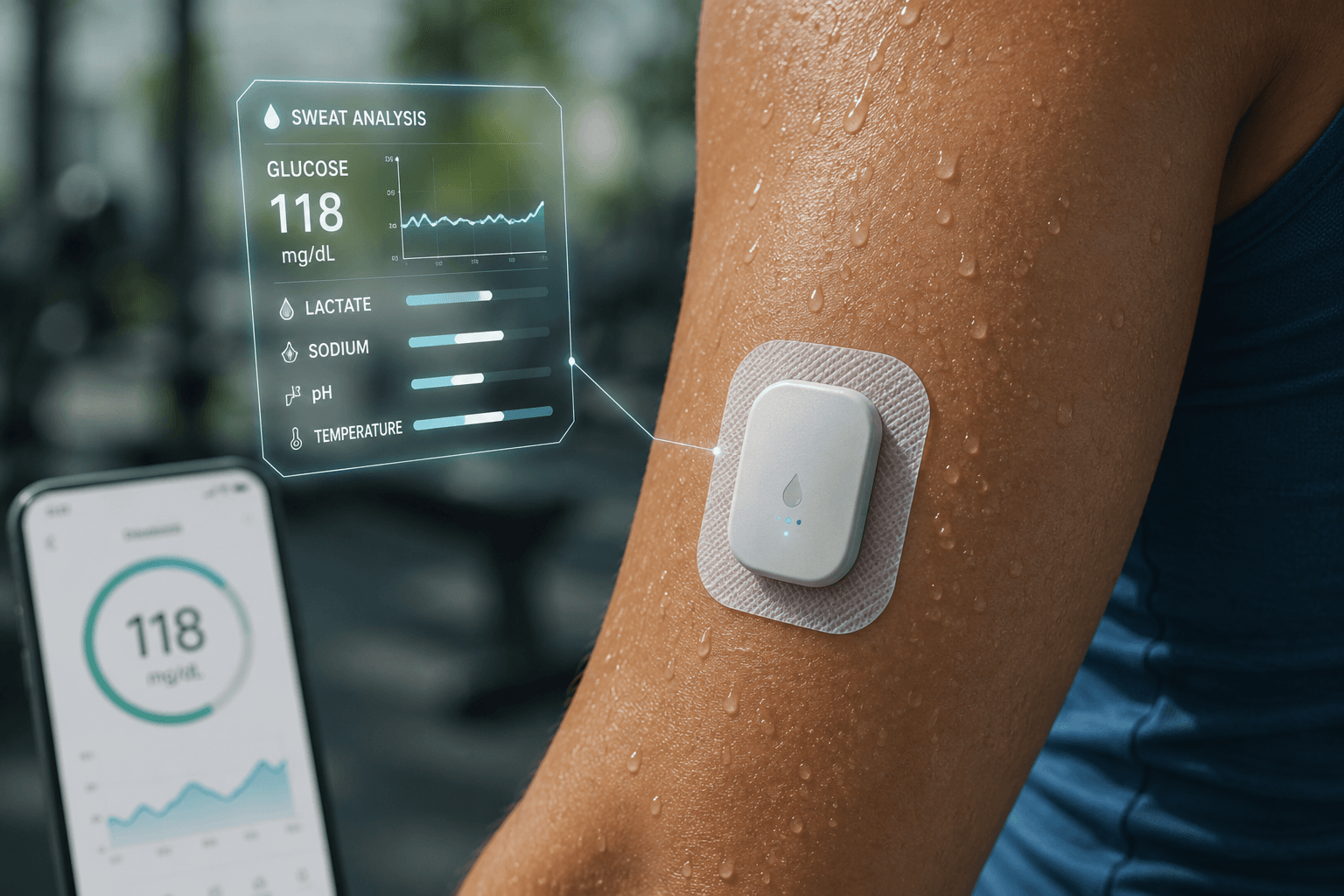 Wearable sweat glucose sensor patch on a person's upper arm displaying real-time glucose monitoring data through a connected smartphone, illustrating future needle-free diabetes technology.