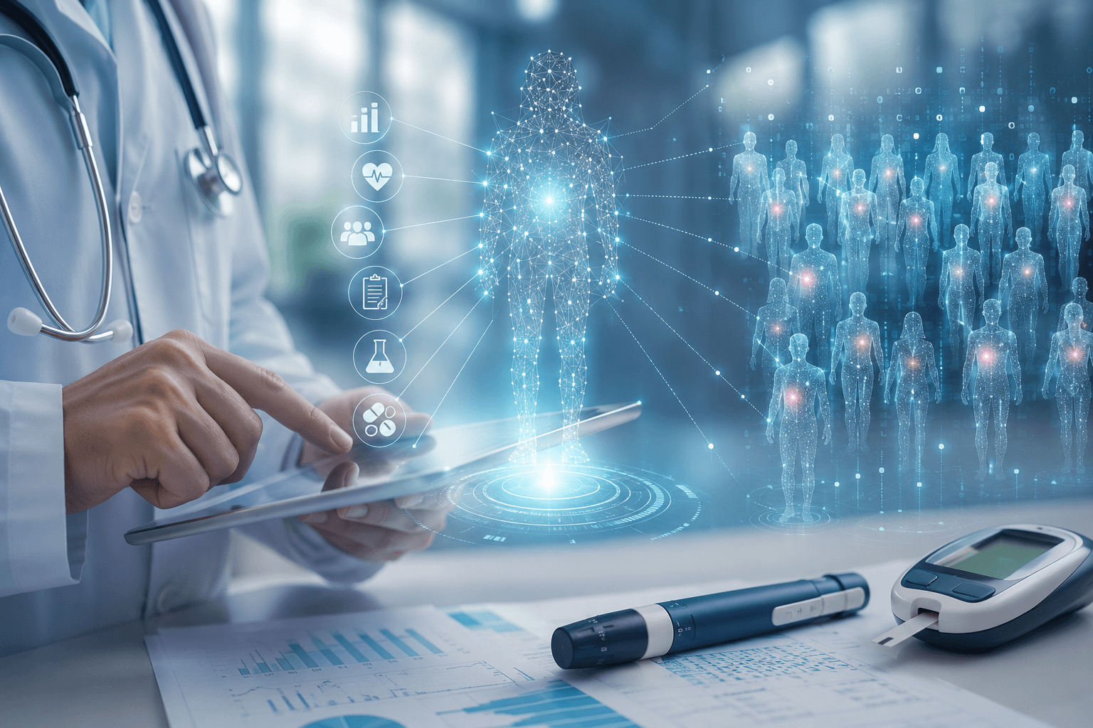 AI-generated virtual patient population displayed alongside diabetes clinical research data, illustrating synthetic control arms used in modern diabetes drug development.