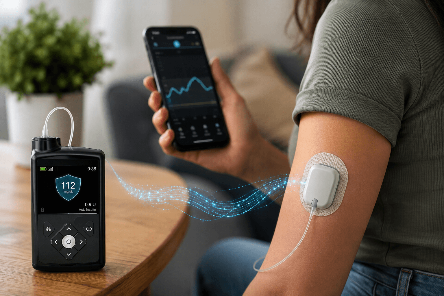 Person using adaptive insulin pump hardware connected to a continuous glucose monitor and smartphone for automated diabetes management.