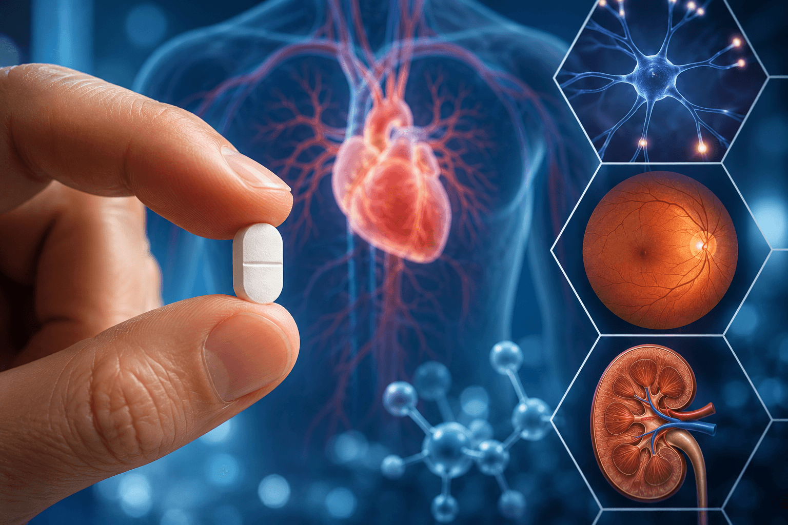 A hand holding a diabetes medication tablet in front of an anatomical heart illustration with diabetic complication icons representing the nerves, retina, kidneys, and polyol pathway research.
