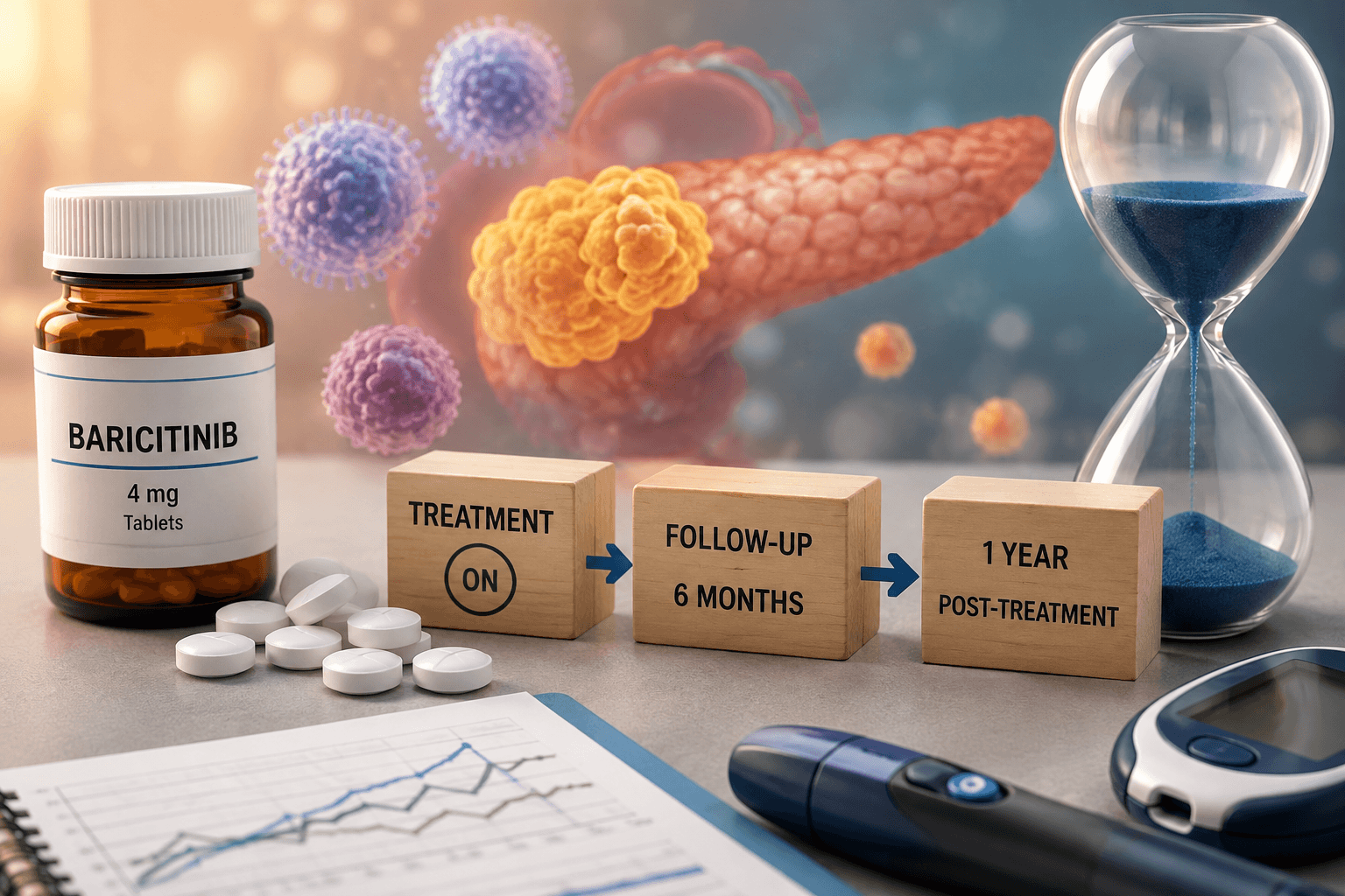 Baricitinib type 1 diabetes research concept showing beta-cell preservation and follow-up after treatment ends.