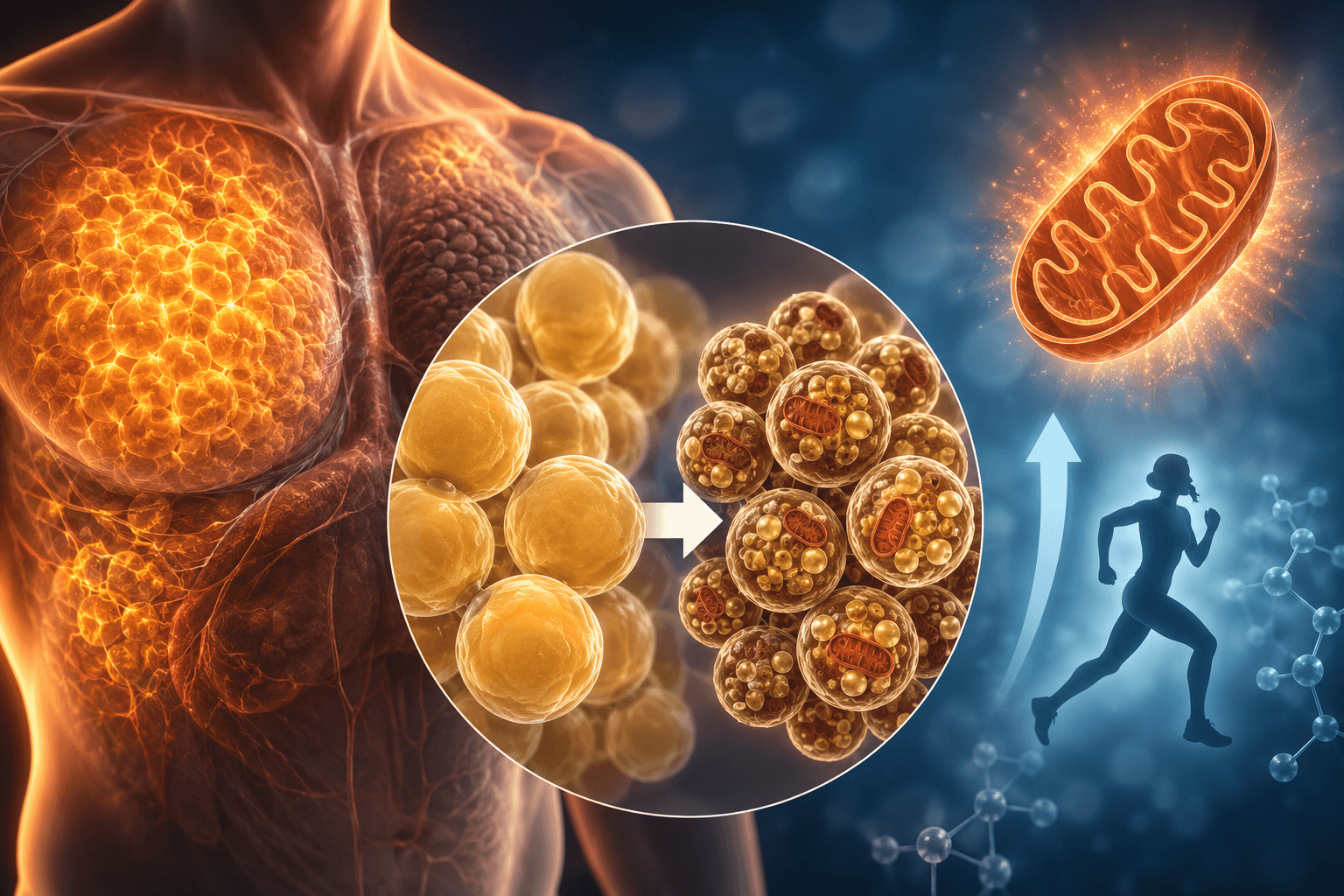 Medical illustration showing white fat cells transforming into metabolically active brown fat to improve insulin sensitivity and glucose metabolism in diabetes.