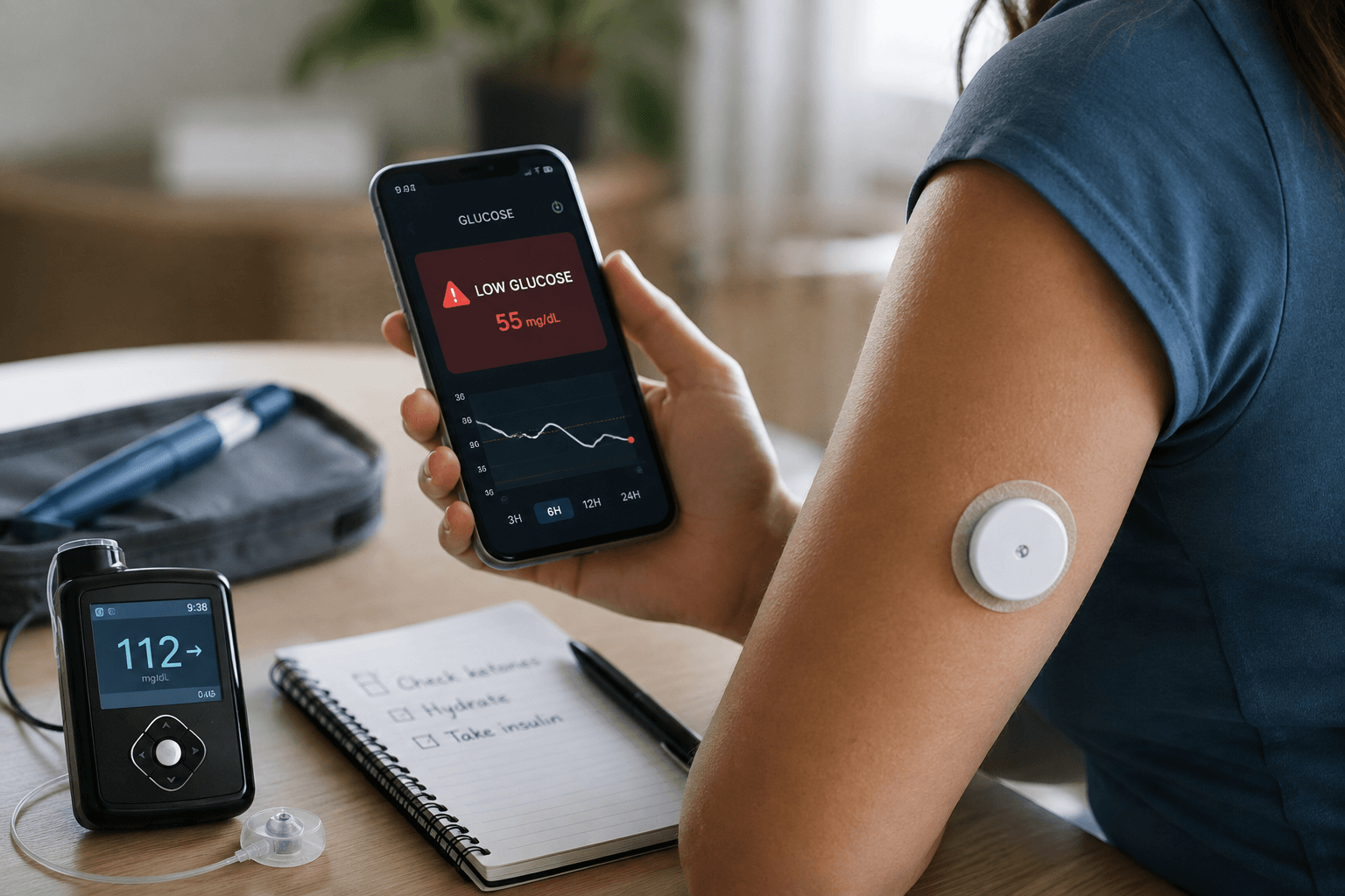 Person using a continuous glucose monitor to track glucose levels and help prevent severe hypoglycemia and DKA.