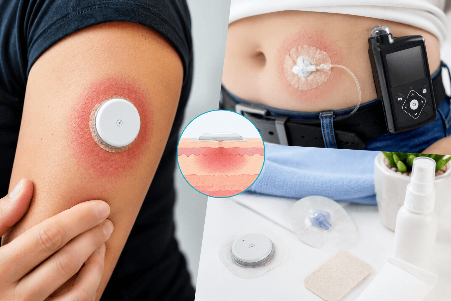 CGM skin irritation around a continuous glucose monitor and insulin pump adhesive sites