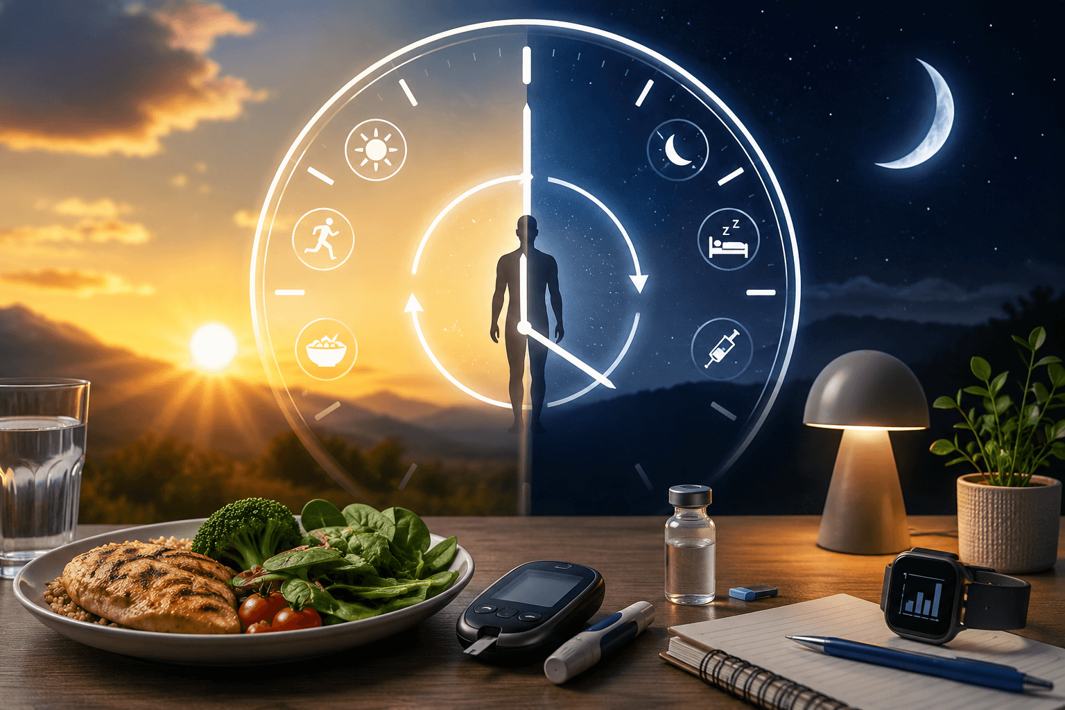 Circadian clock illustrating how sleep, light exposure, meal timing, activity, and diabetes treatment interact throughout the day and night.