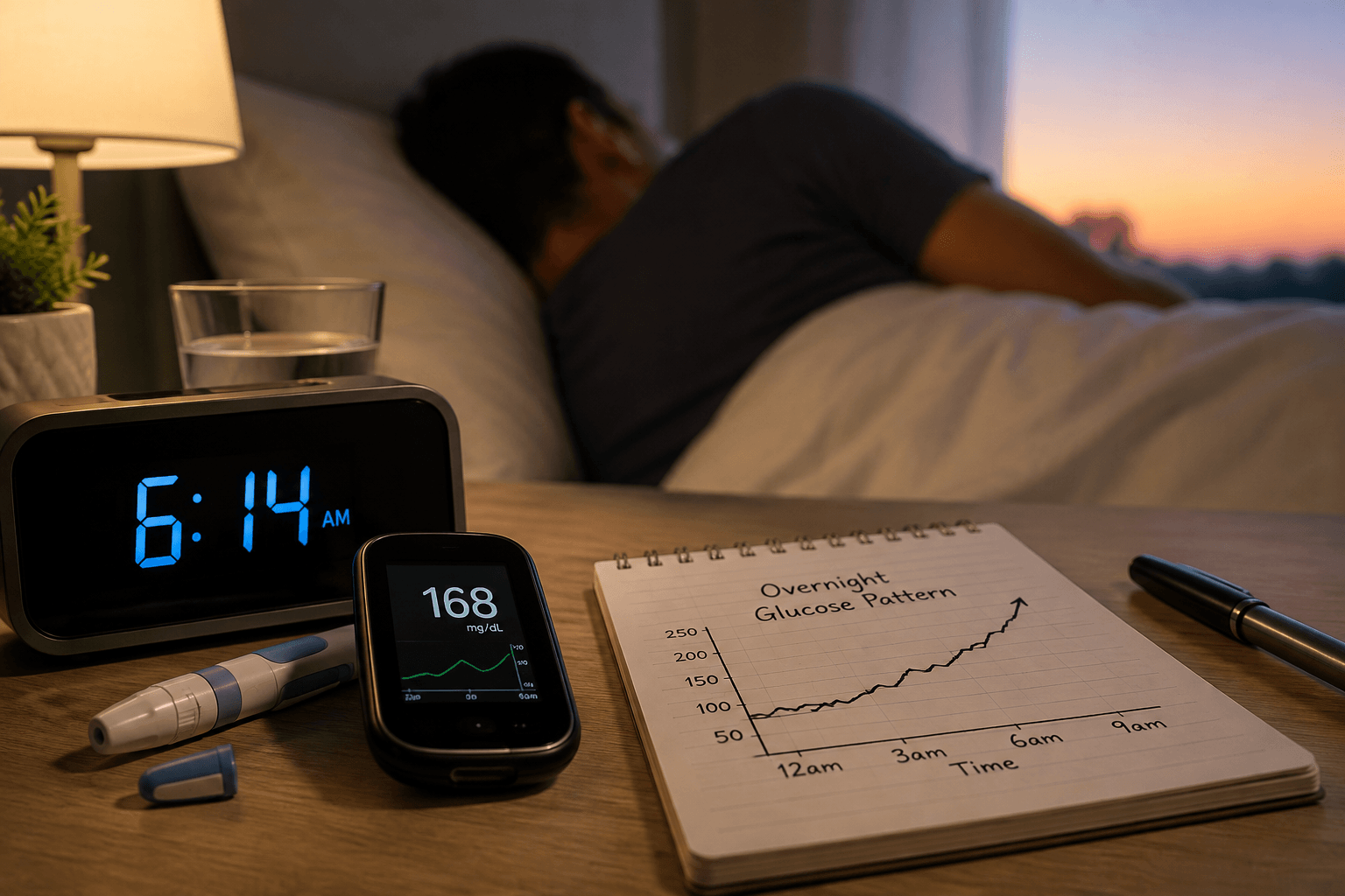 Glucose meter showing high morning blood sugar beside an overnight glucose chart illustrating the dawn phenomenon.