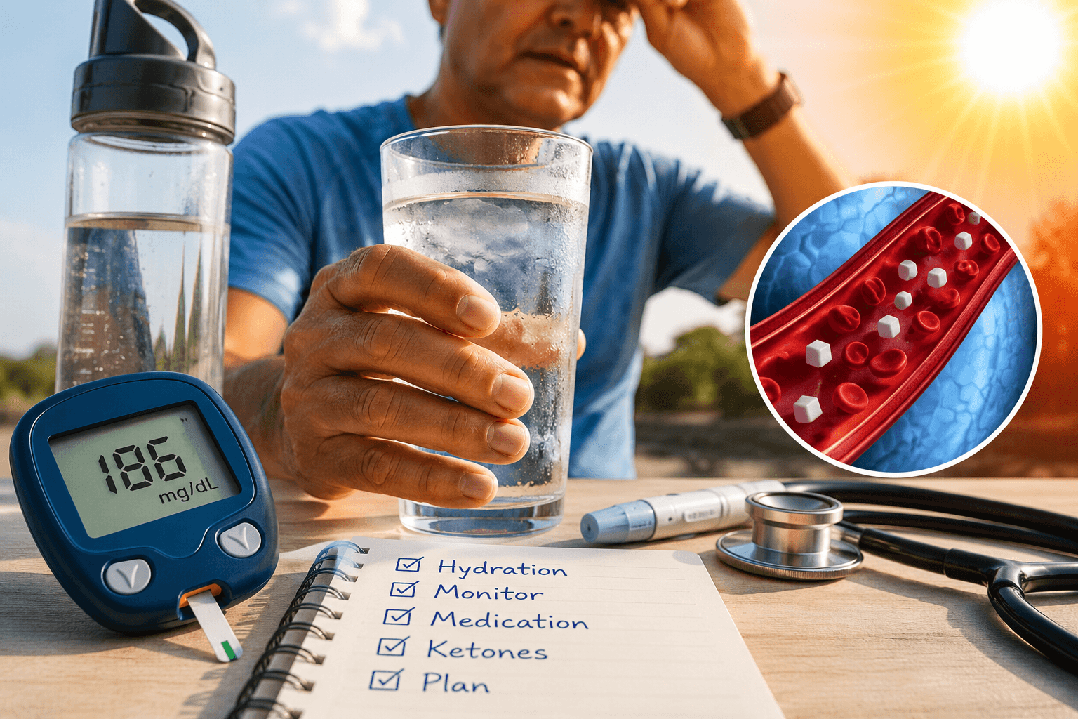 Person with diabetes reaching for water beside a glucose meter, illustrating how dehydration can worsen high blood sugar.