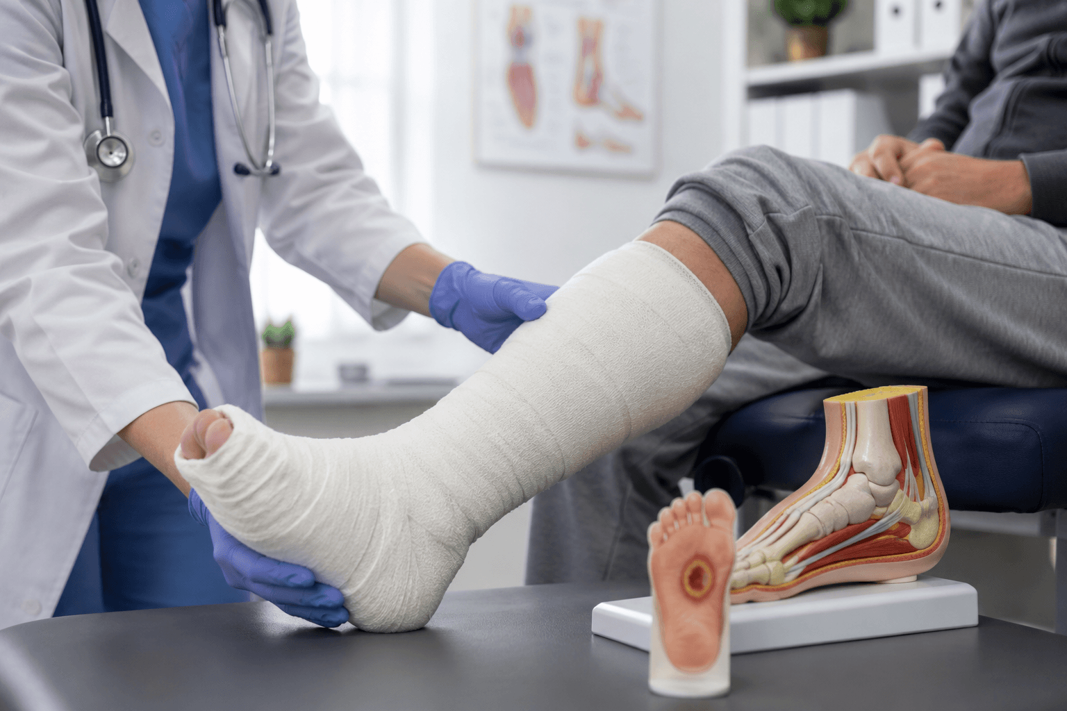 Clinician applying a knee-high offloading device to help treat a diabetic foot ulcer and reduce plantar pressure.