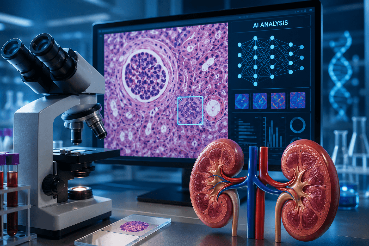 Artificial intelligence analyzing a digital kidney biopsy slide for early detection and classification of diabetic kidney disease in a pathology laboratory.