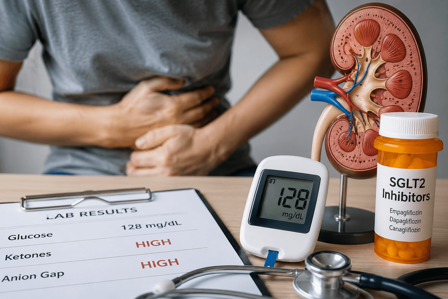 Euglycemic DKA SGLT2 inhibitor concept showing normal blood glucose, elevated ketones, medication, and kidney model.