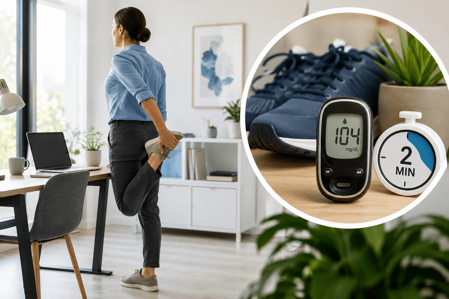 Woman taking a brief exercise break at her desk with a glucose meter and two-minute timer representing exercise snacking for diabetes.