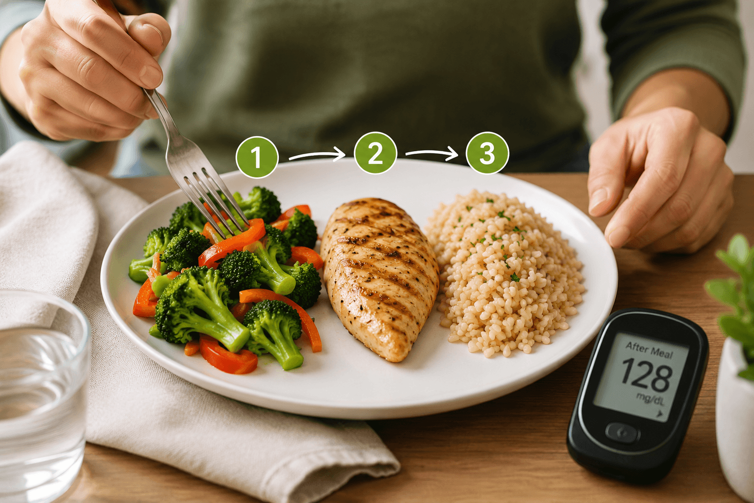 Vegetables, grilled chicken, and brown rice arranged in food sequencing order with a glucose meter beside the meal.