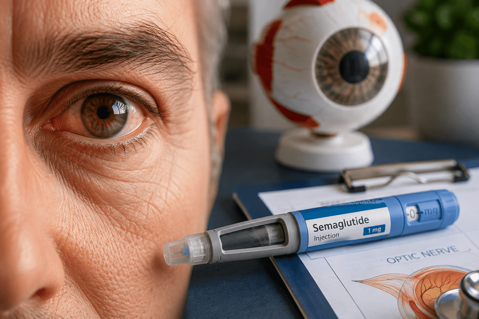 Patient eye with semaglutide injection illustrating the potential GLP-1 NAION risk and sudden vision loss.