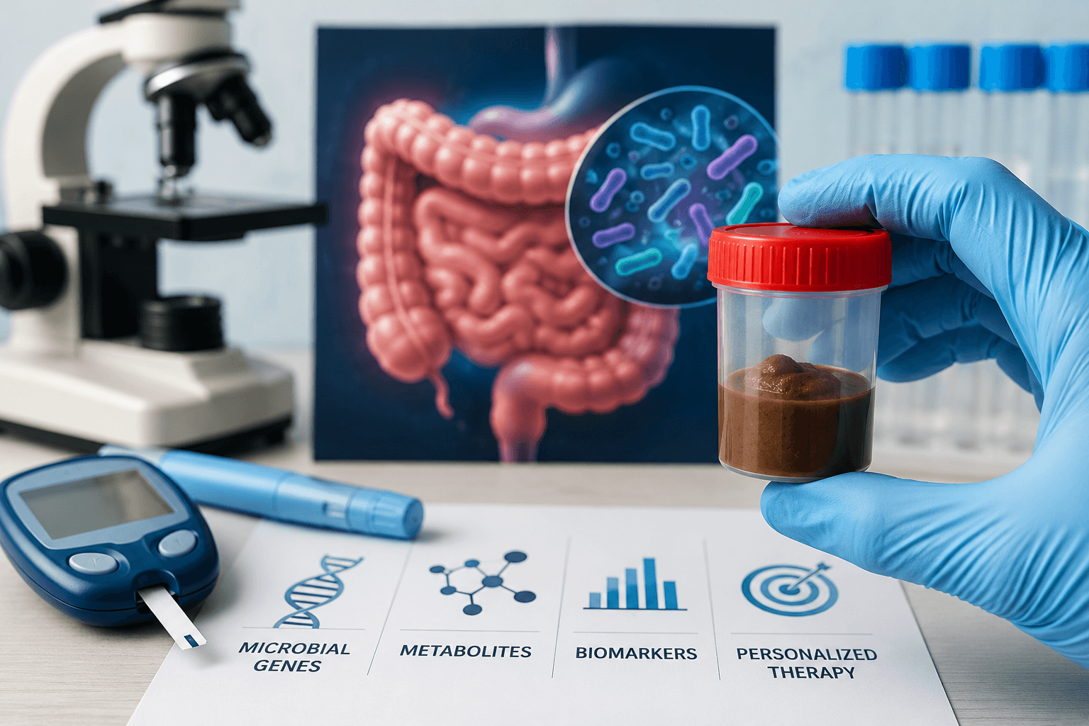 Stool sample testing for gut biomarkers in diabetes to explore personalized medication response and precision diabetes treatment.