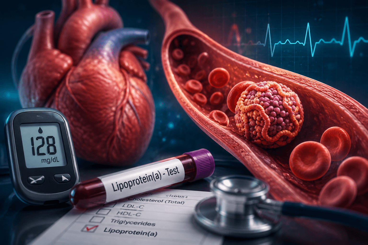 Lipoprotein(a) screening in diabetes showing a blood test, glucose meter, heart, and artery to illustrate residual cardiovascular risk.