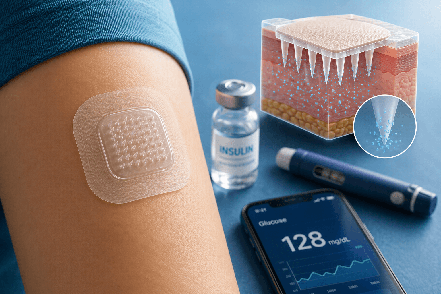 Dissolving microneedle patch for diabetes shown on the skin alongside insulin delivery and glucose monitoring technology.