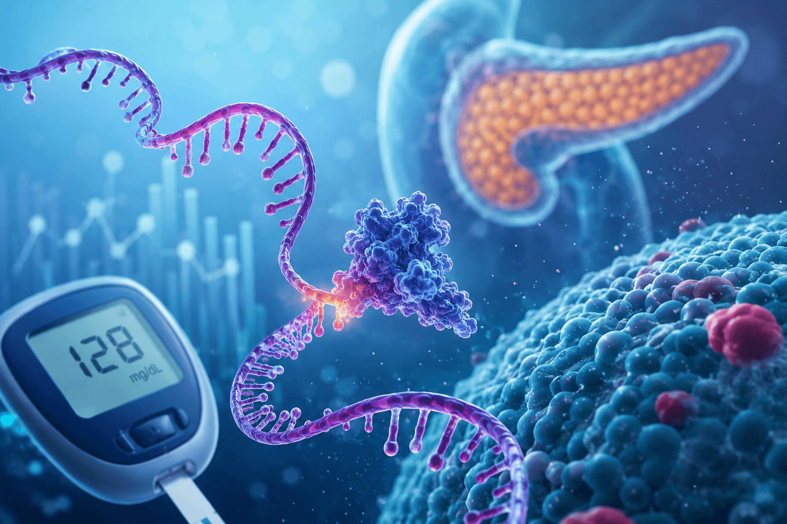 Scientific illustration of microRNA molecules interacting with pancreatic beta cells, highlighting their role in diabetes research, insulin regulation, and precision medicine.