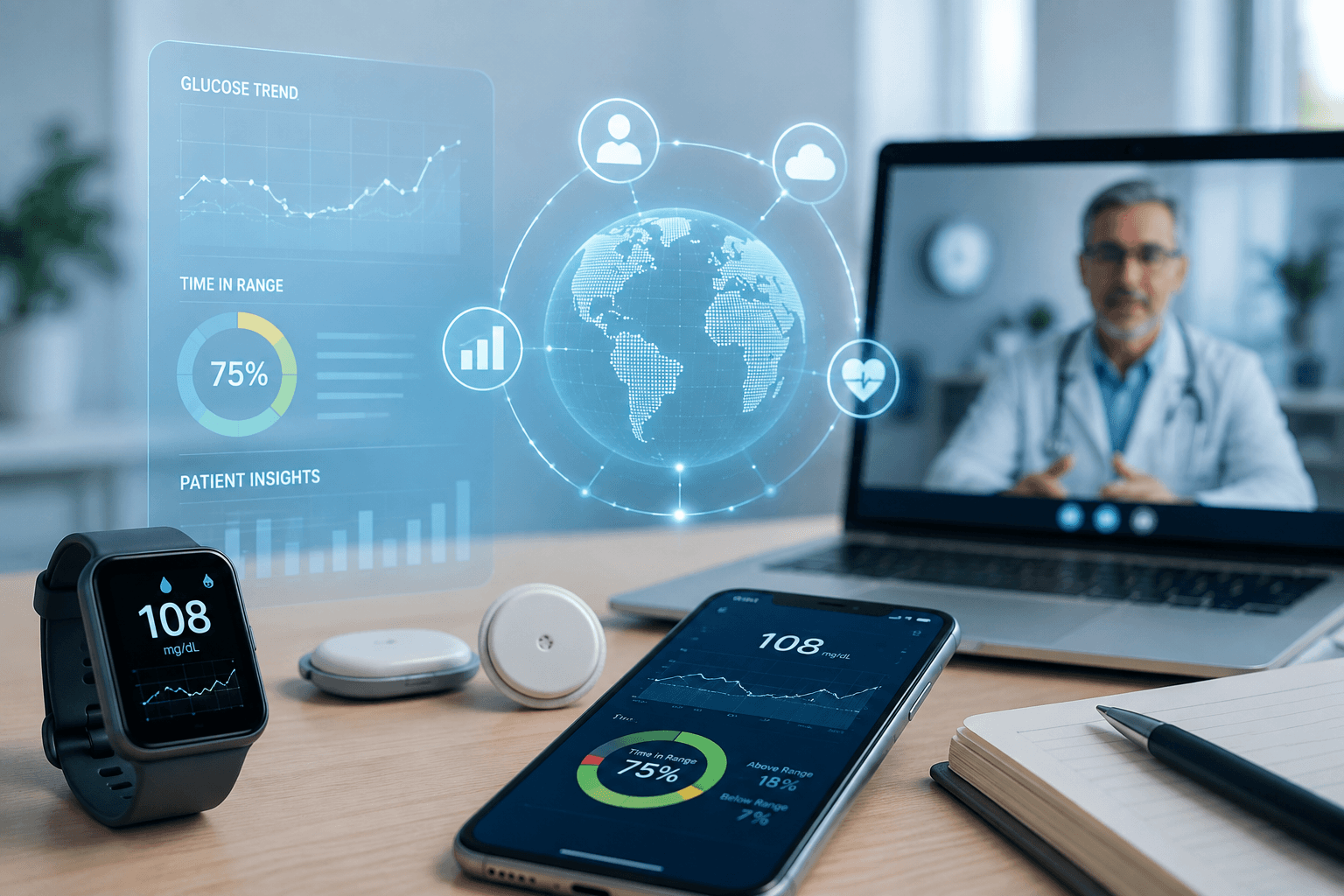 Modern diabetes clinical trials using continuous glucose monitoring, wearable technology, digital health data, and remote clinical research.