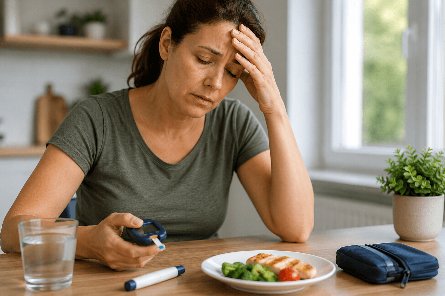 Patient checking blood glucose after experiencing symptoms of post-bariatric hypoglycemia