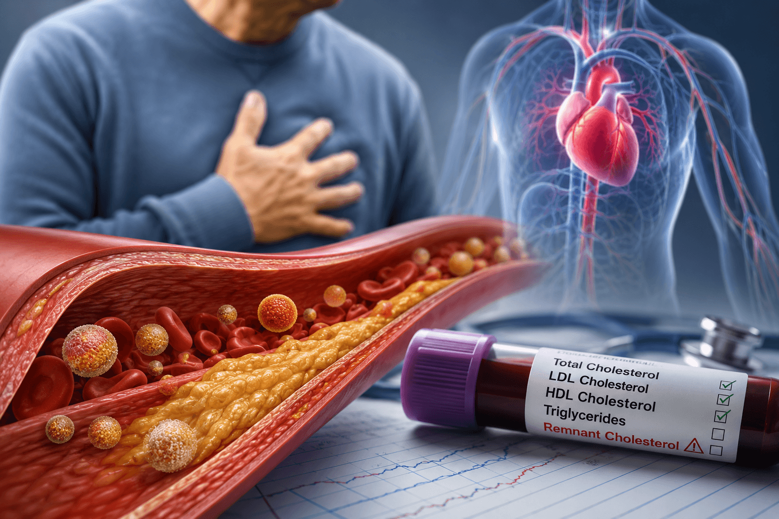 Illustration of cholesterol plaque building inside an artery alongside a blood lipid test, highlighting remnant cholesterol as a hidden cardiovascular risk factor in people with diabetes despite normal LDL cholesterol.