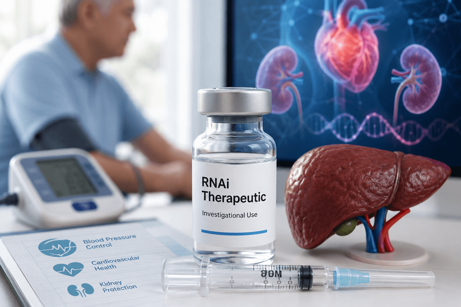 RNAi hypertension diabetes therapy concept showing an investigational injection, blood pressure monitor, liver, heart, and kidneys.