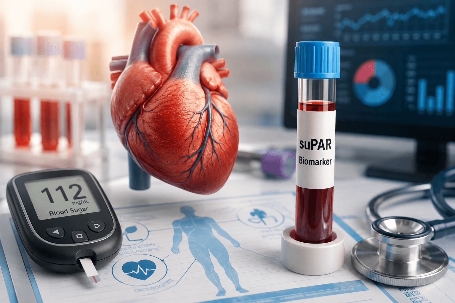 suPAR biomarker blood test with heart model and glucose meter representing cardiovascular risk in type 2 diabetes