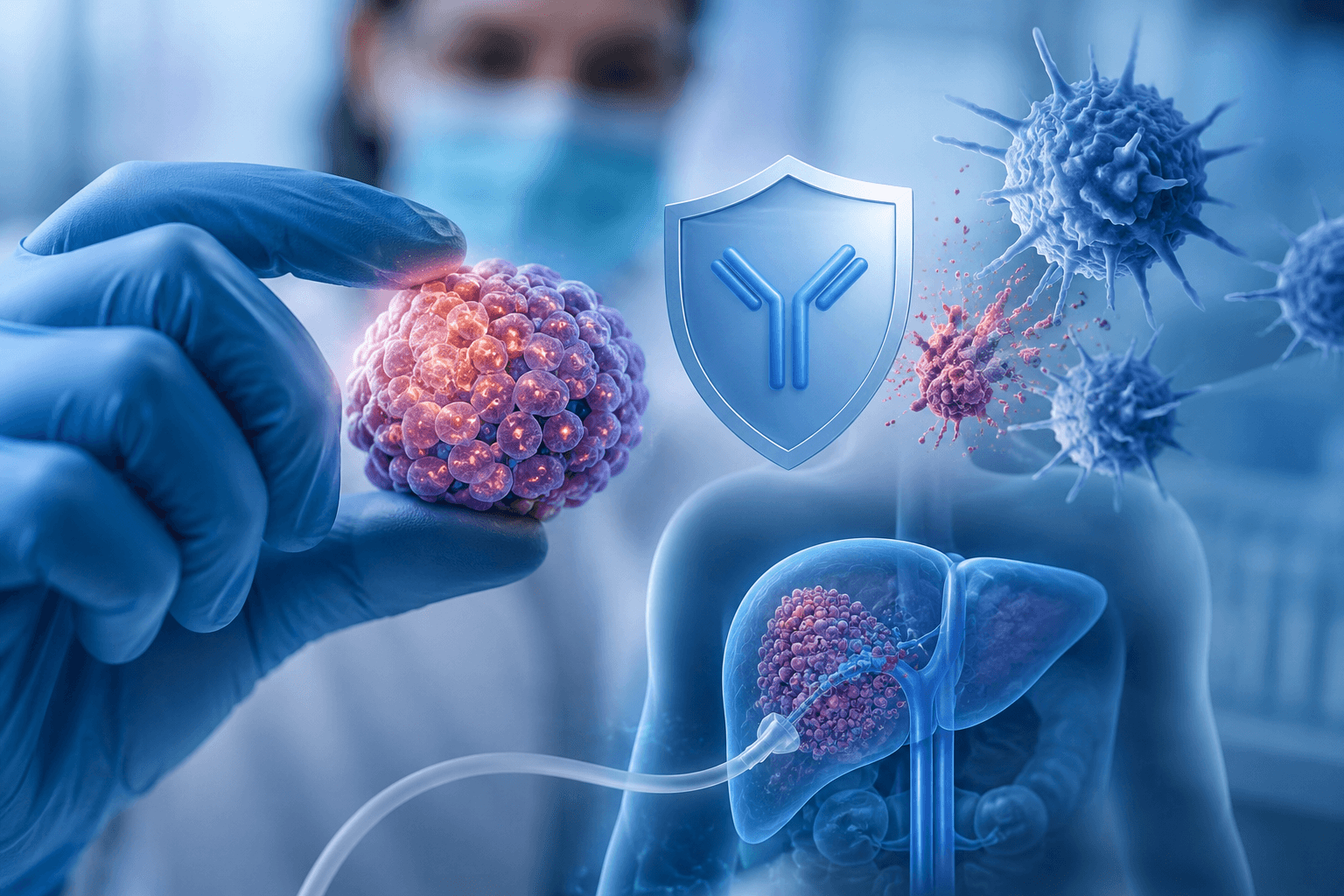 Medical illustration of transplanted pancreatic islet cells protected from immune attack during experimental type 1 diabetes treatment.