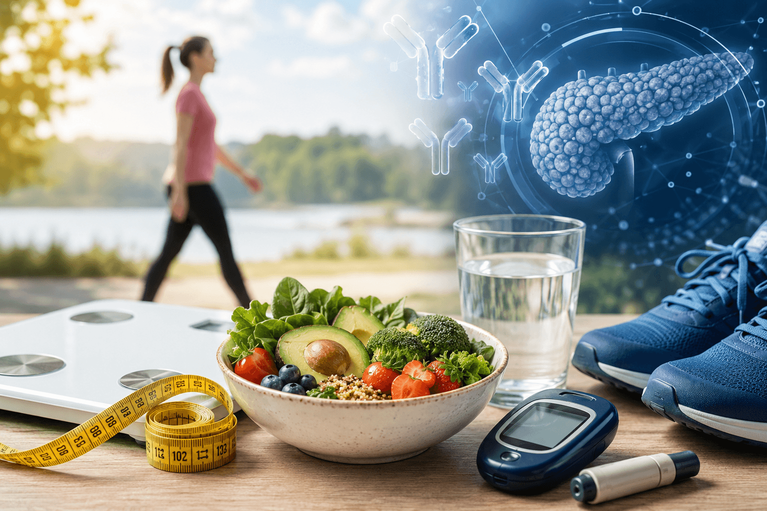 Healthy food, exercise shoes, glucose meter, scale, and pancreas illustration representing weight and type 1 diabetes prevention research.