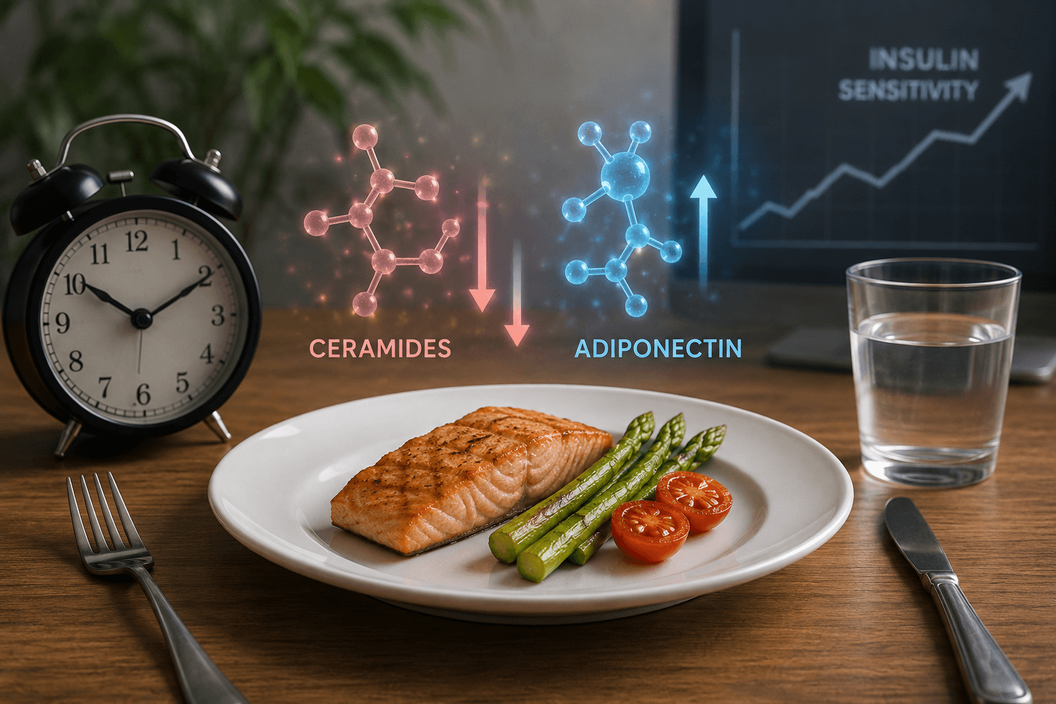 Healthy meal illustrating how calorie restriction may affect ceramides, adiponectin, and insulin sensitivity.