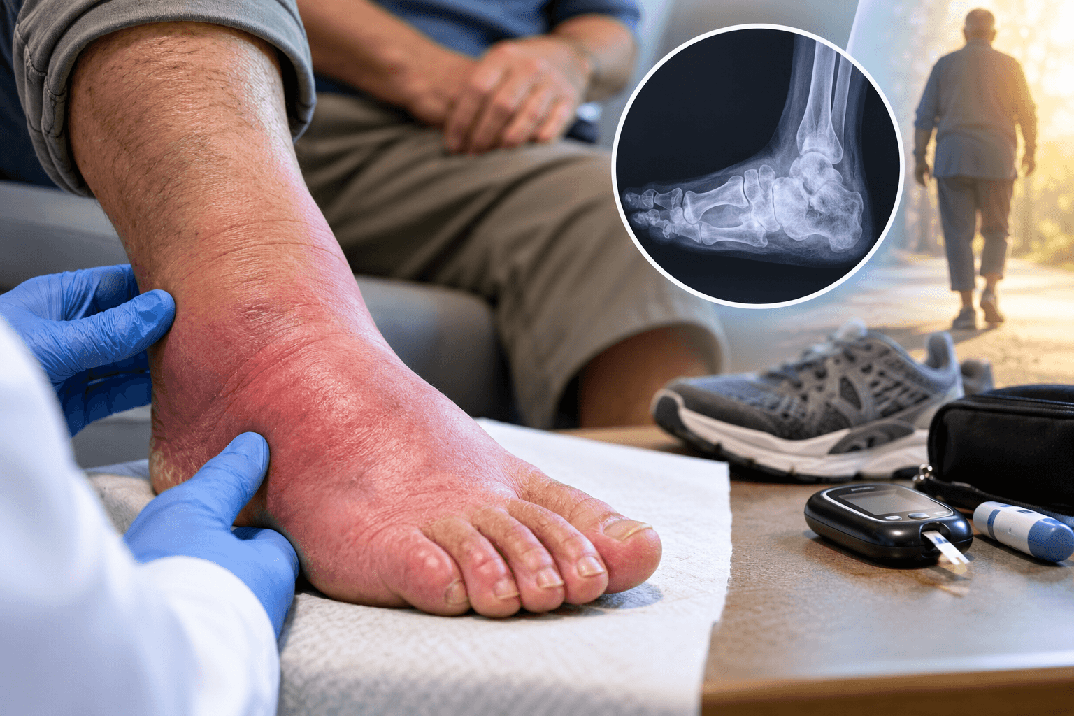 Clinician examining a red, swollen foot in a patient with diabetes and suspected Charcot foot.