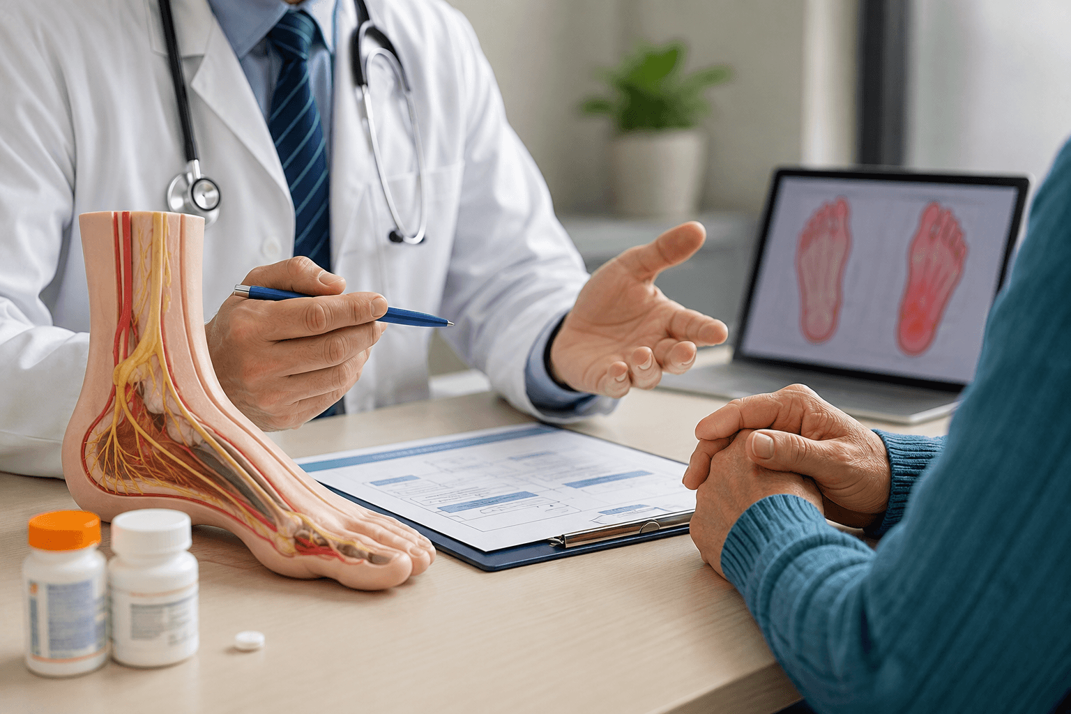 Clinician discussing diabetic neuropathy pain treatment and combination therapy options with a patient using an anatomical foot model.