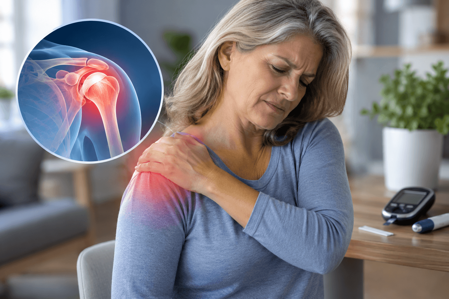 Woman with diabetes experiencing shoulder pain from diabetic shoulder adhesive capsulitis, also known as frozen shoulder.