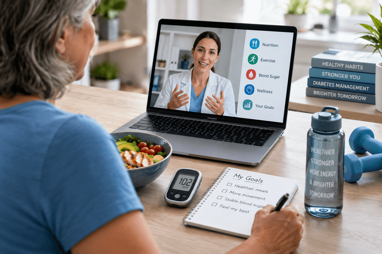 Person with type 2 diabetes using a digital health app while receiving virtual diabetes coaching and tracking healthy lifestyle goals.