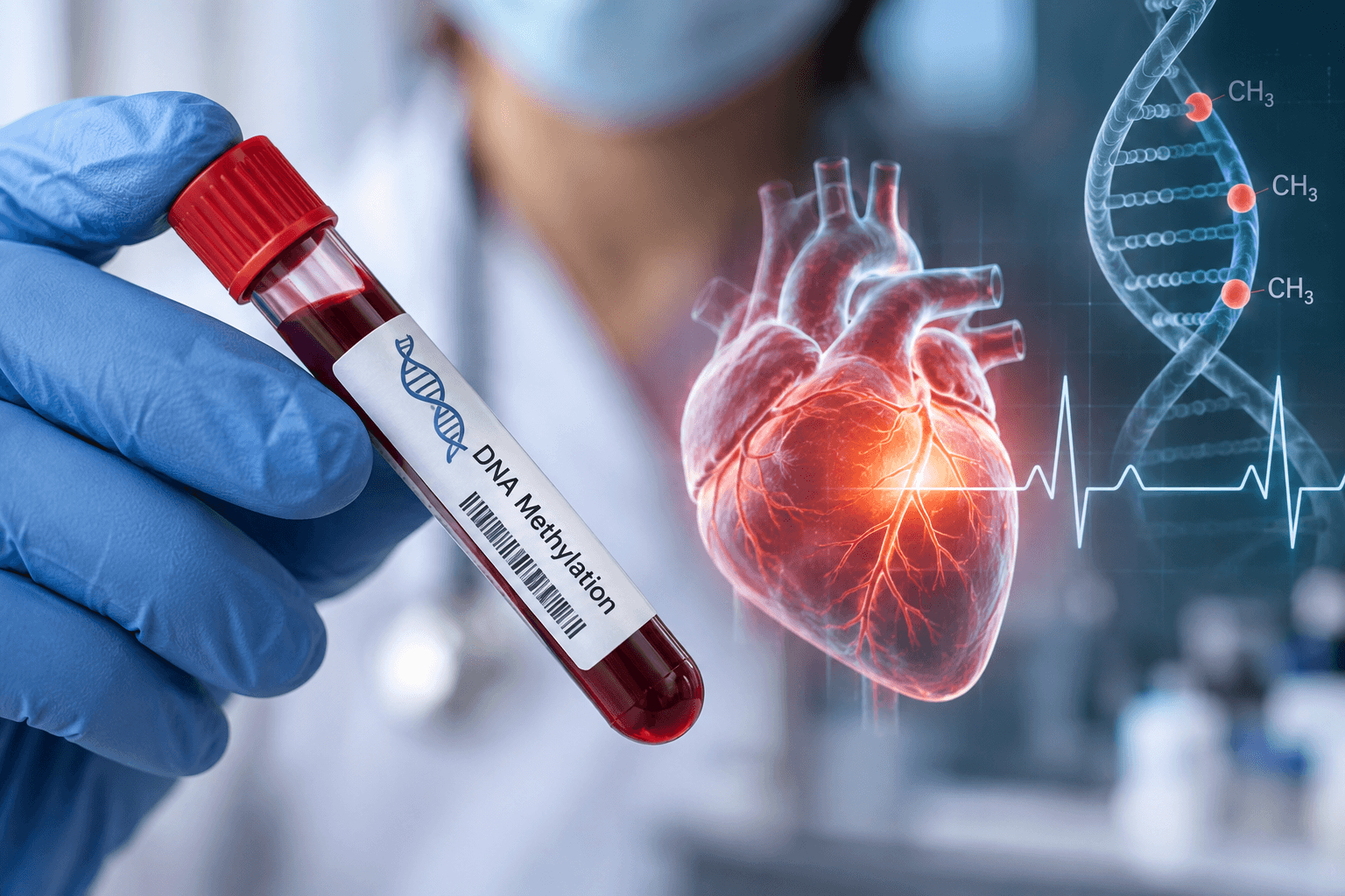 Blood sample illustrating epigenetic cardiovascular risk prediction using DNA methylation to assess heart risk in type 2 diabetes.