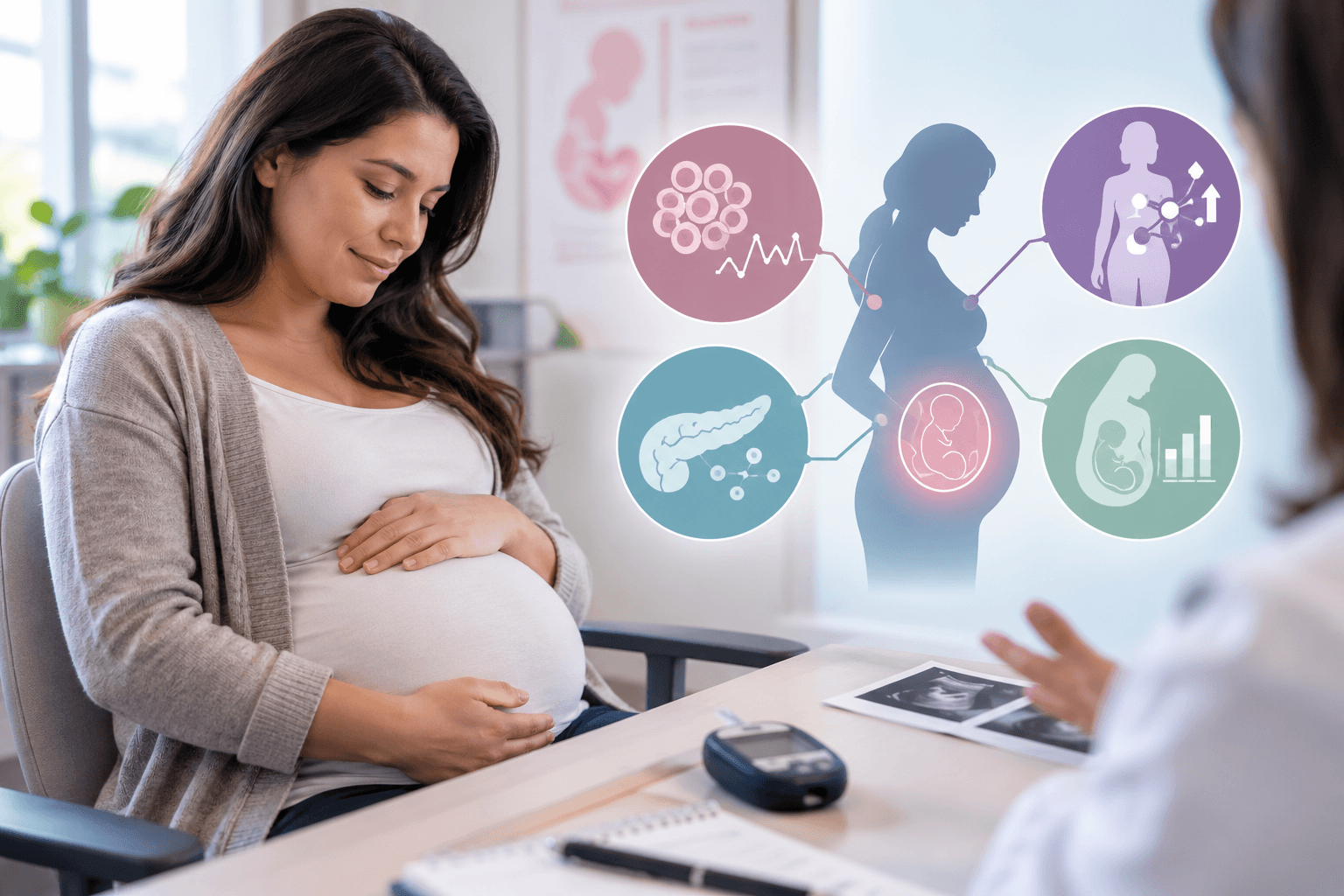 Pregnant woman discussing gestational diabetes phenotypes and metabolic differences with a healthcare professional.