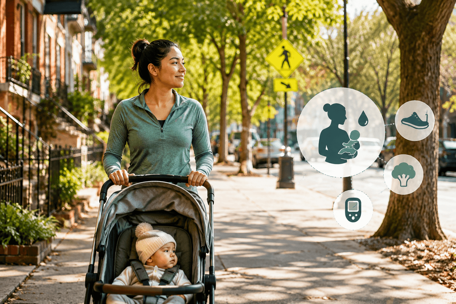 Mother walking with her baby in a walkable neighborhood, illustrating gestational diabetes prevention and future Type 2 diabetes risk.