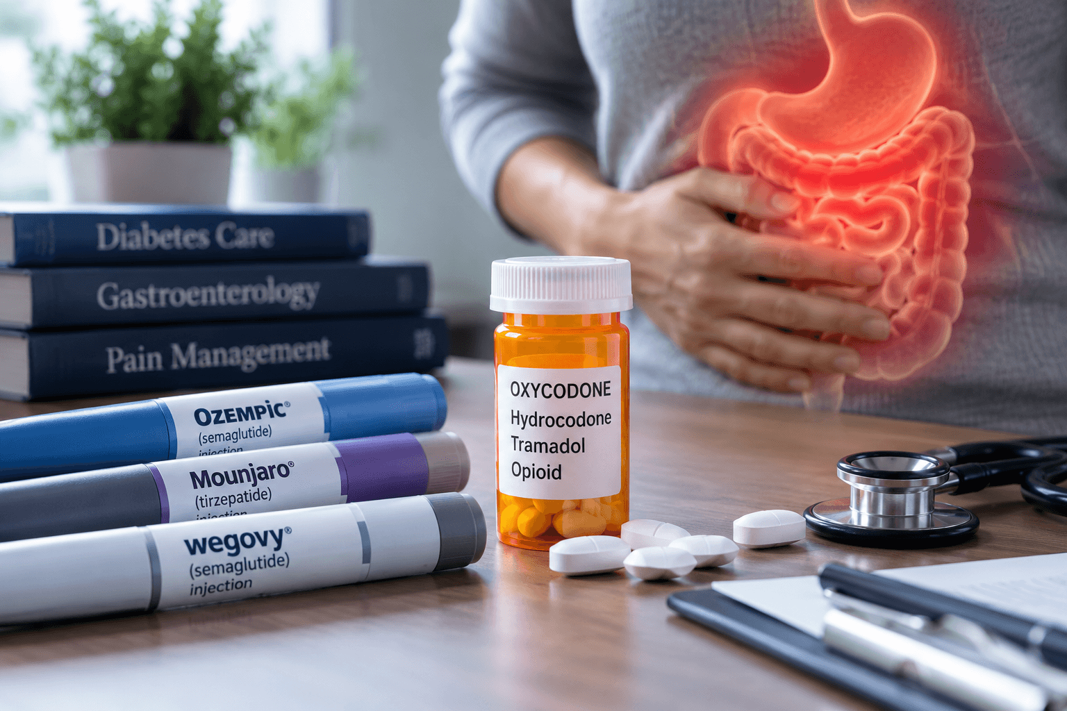 GLP-1 medications and opioid therapy representing potential gastrointestinal risks from concurrent treatment.