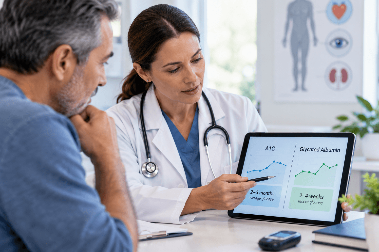 Clinician reviewing A1C and glycated albumin results for type 2 diabetes monitoring