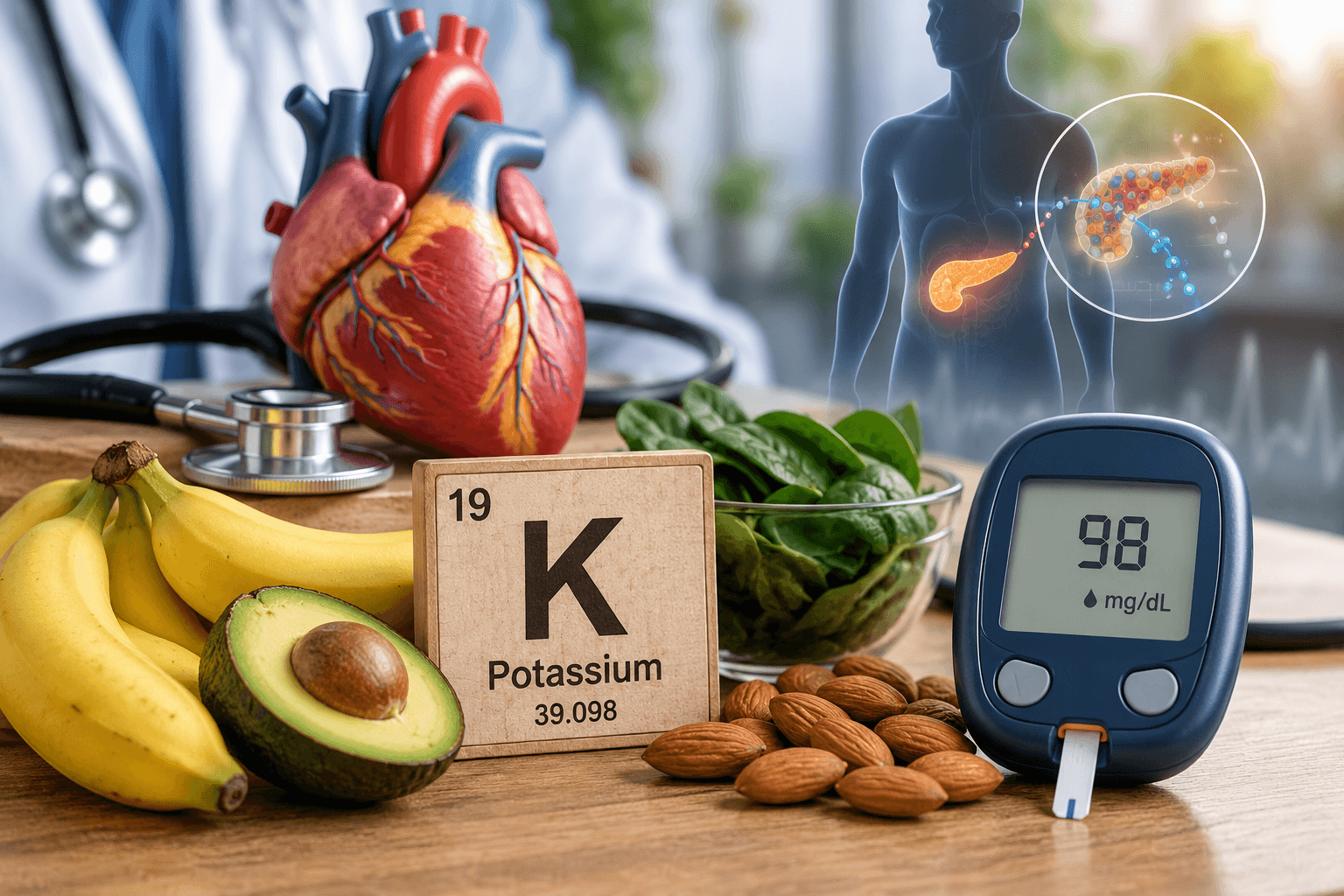 Low potassium and diabetes risk illustrated with a glucose meter, potassium-rich foods, heart model, and pancreas.