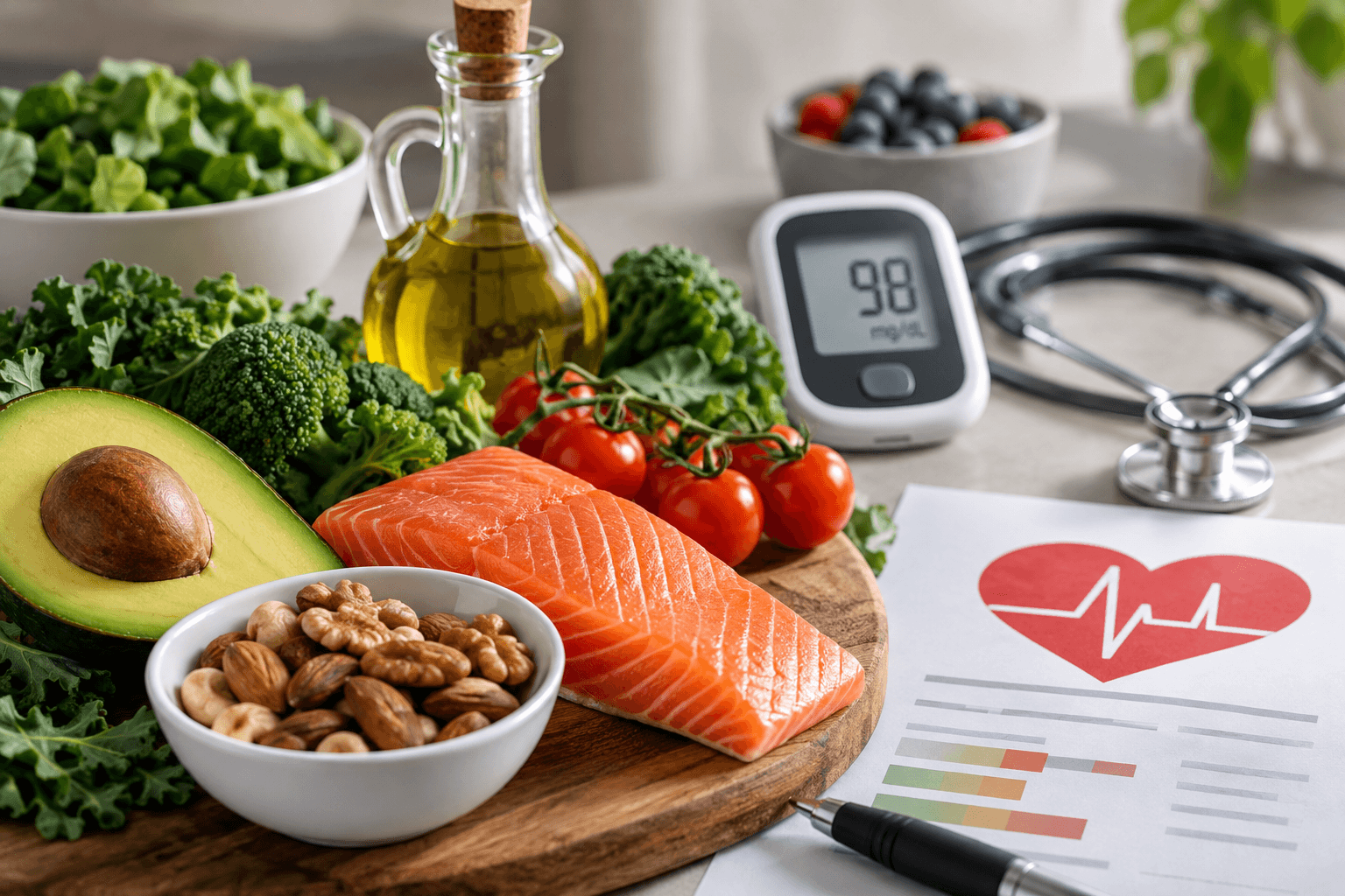 Low-carb foods including salmon, avocado, nuts, vegetables, and olive oil beside a glucose meter and heart health chart.