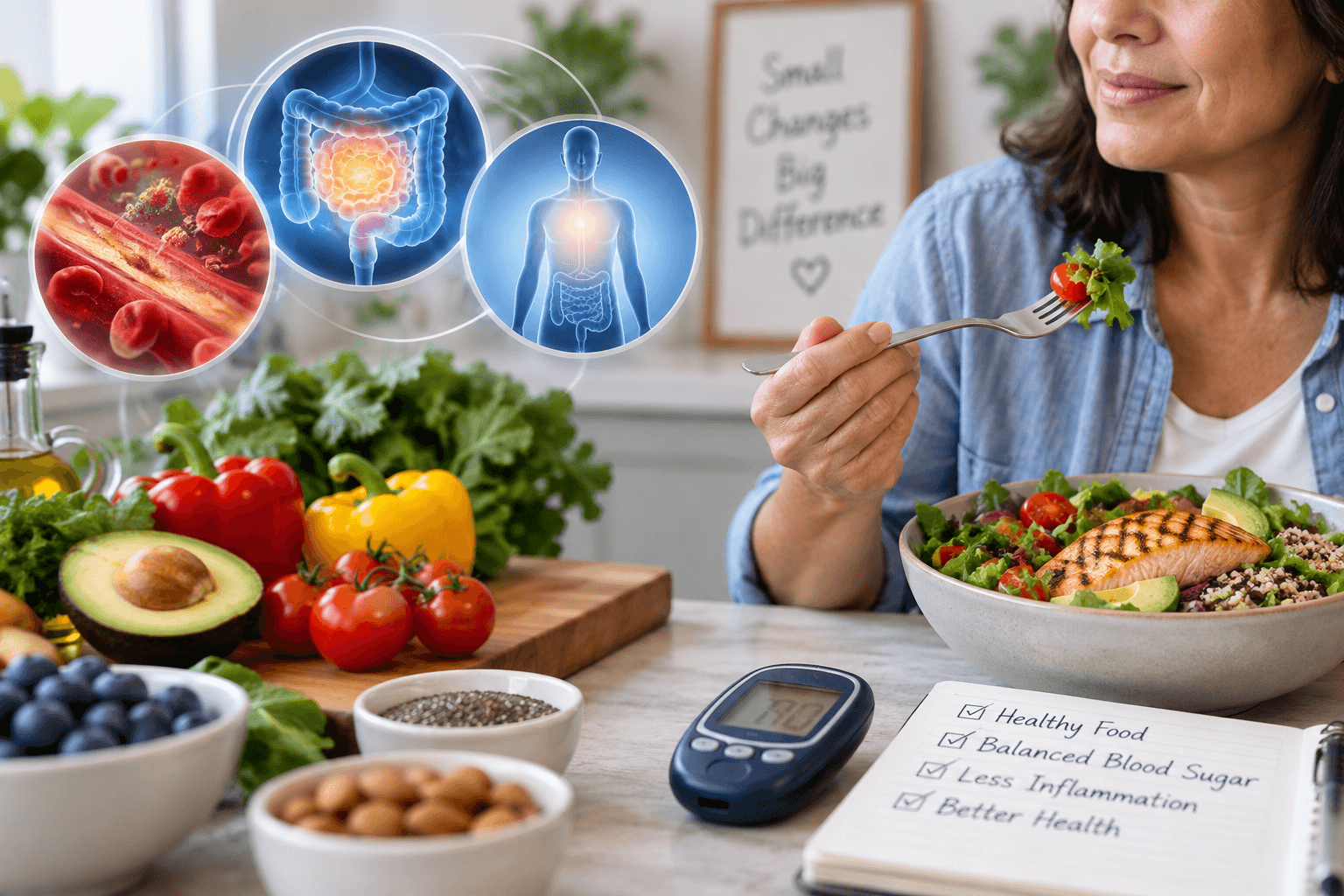 Personalized medical nutrition therapy for diabetes featuring a healthy balanced meal and concepts related to blood sugar, inflammation, and metabolic health.