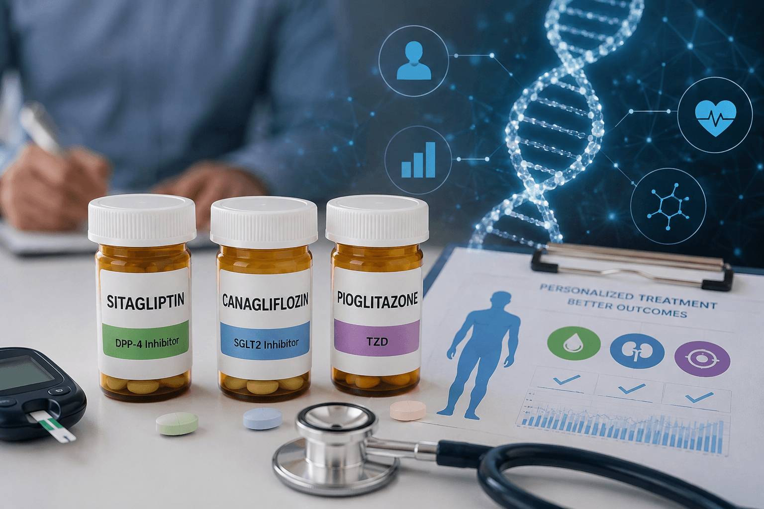 Precision diabetes treatment concept showing sitagliptin, canagliflozin, and pioglitazone with glucose monitoring and personalized care tools.
