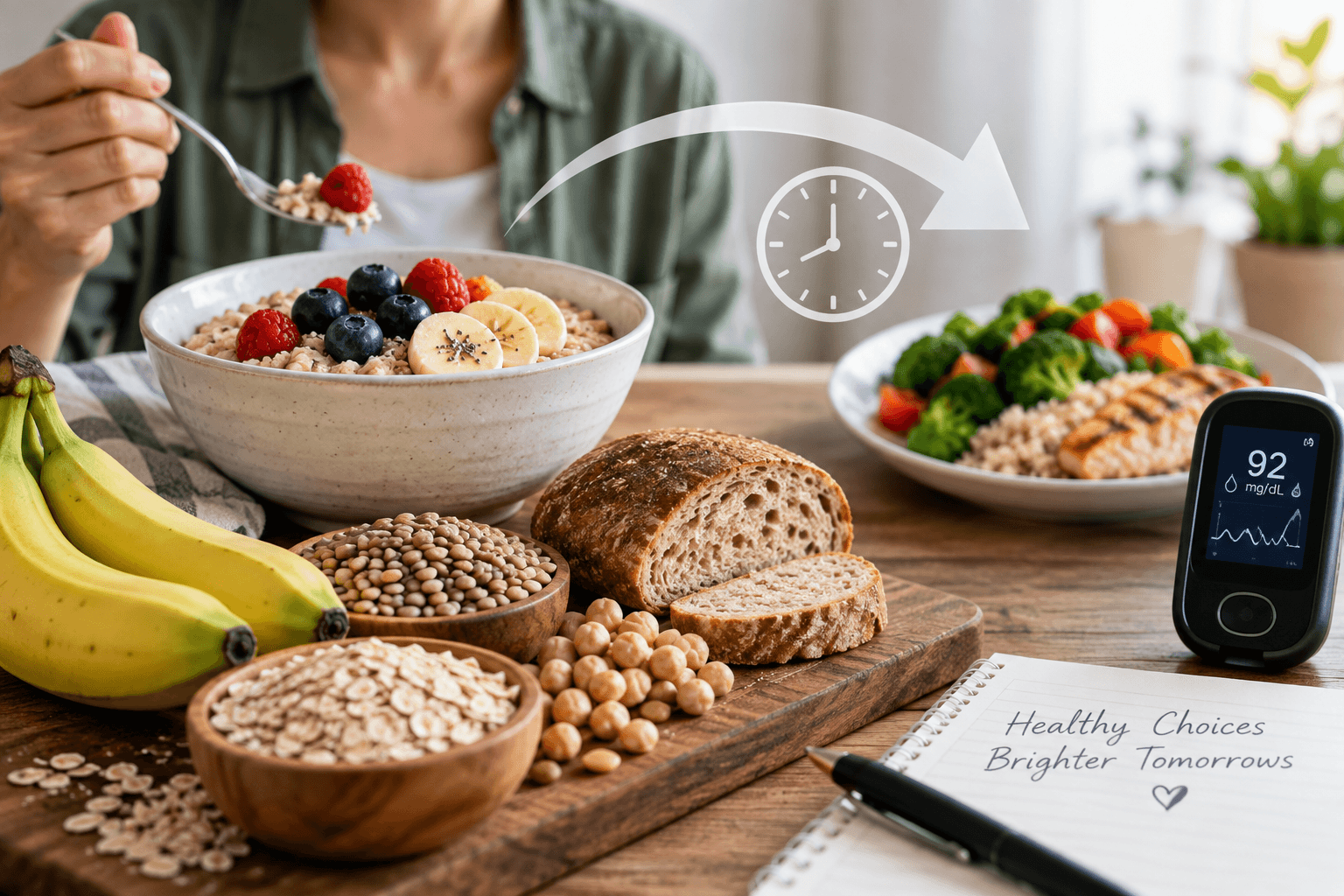 Resistant starch foods including oats, legumes, bananas, and whole grains illustrating the second-meal effect on blood sugar.